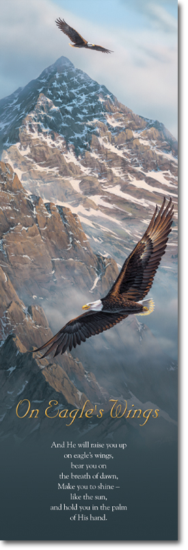 Two bald eagles are flying over a snowy mountain.