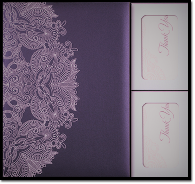 A purple background with a lace design and two thank you cards