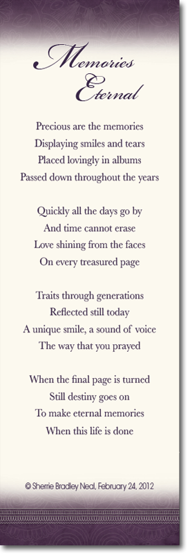 A purple and white memorial card with a poem on it.