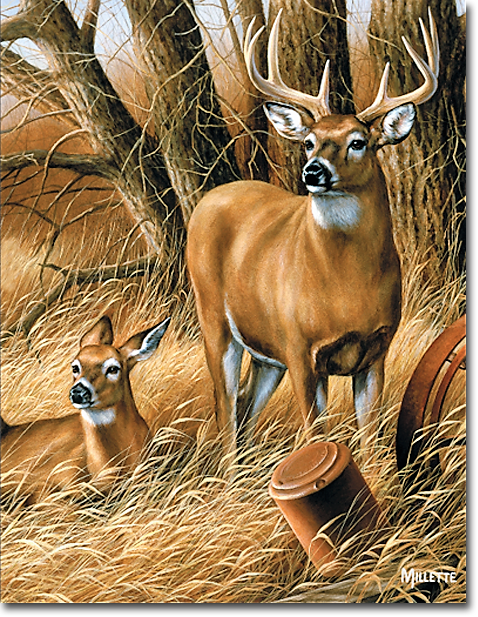 A painting of two deer standing next to each other in a field