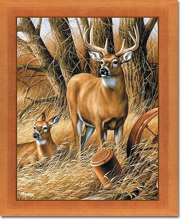 A painting of two deer standing next to each other in the woods