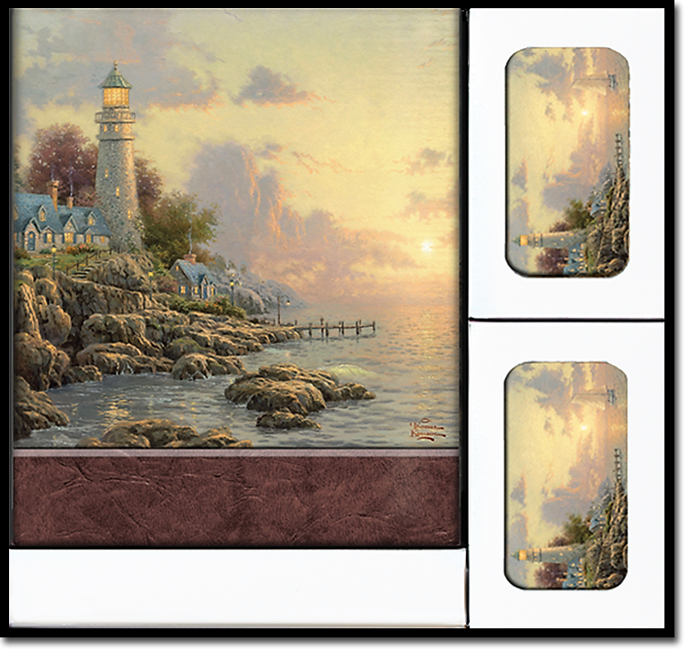 A painting of a lighthouse on a cliff overlooking the ocean