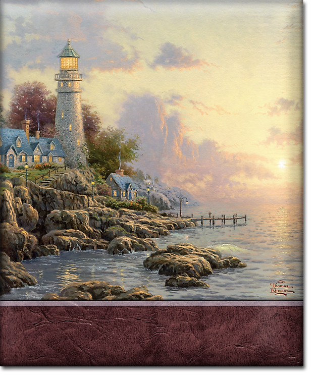 A painting of a lighthouse on the shore of a body of water