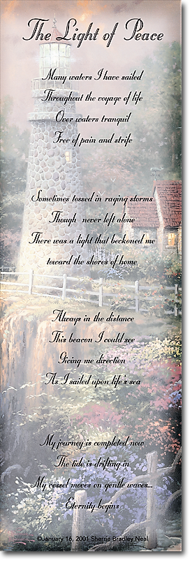 A christmas card with a poem on it that says `` the light of peace ''.