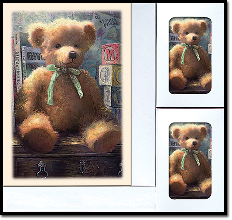 A painting of a teddy bear with a green bow