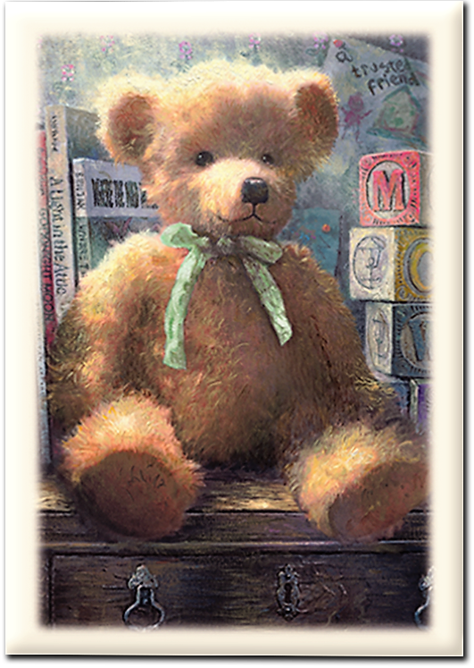 A teddy bear with a green bow is sitting on a dresser.