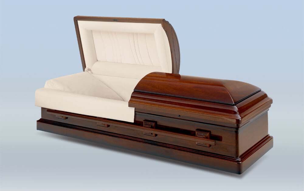 A wooden coffin with the lid open on a blue background
