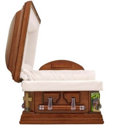 A wooden coffin with the lid open on a white background.