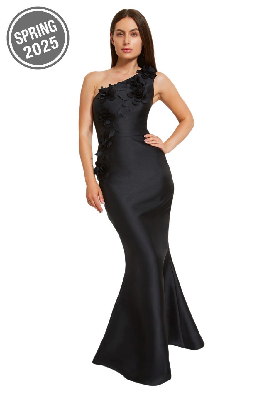 A woman is wearing a black one shoulder dress.