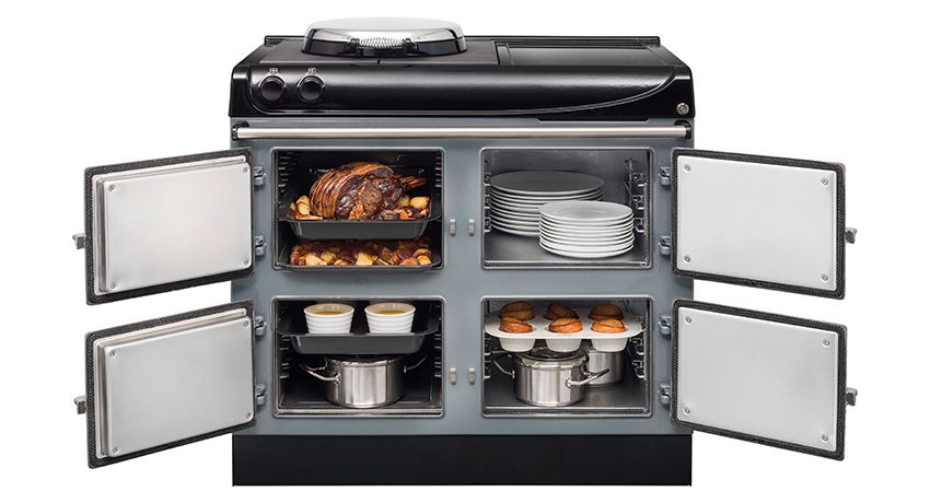 Photograph of grey AGA eR3-100 model with open oven doors