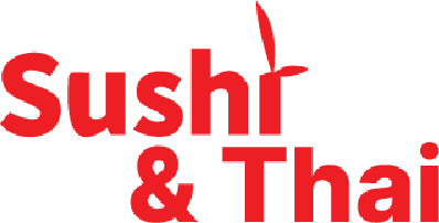 Red “Sushi & Thai” restaurant logo text on a white background