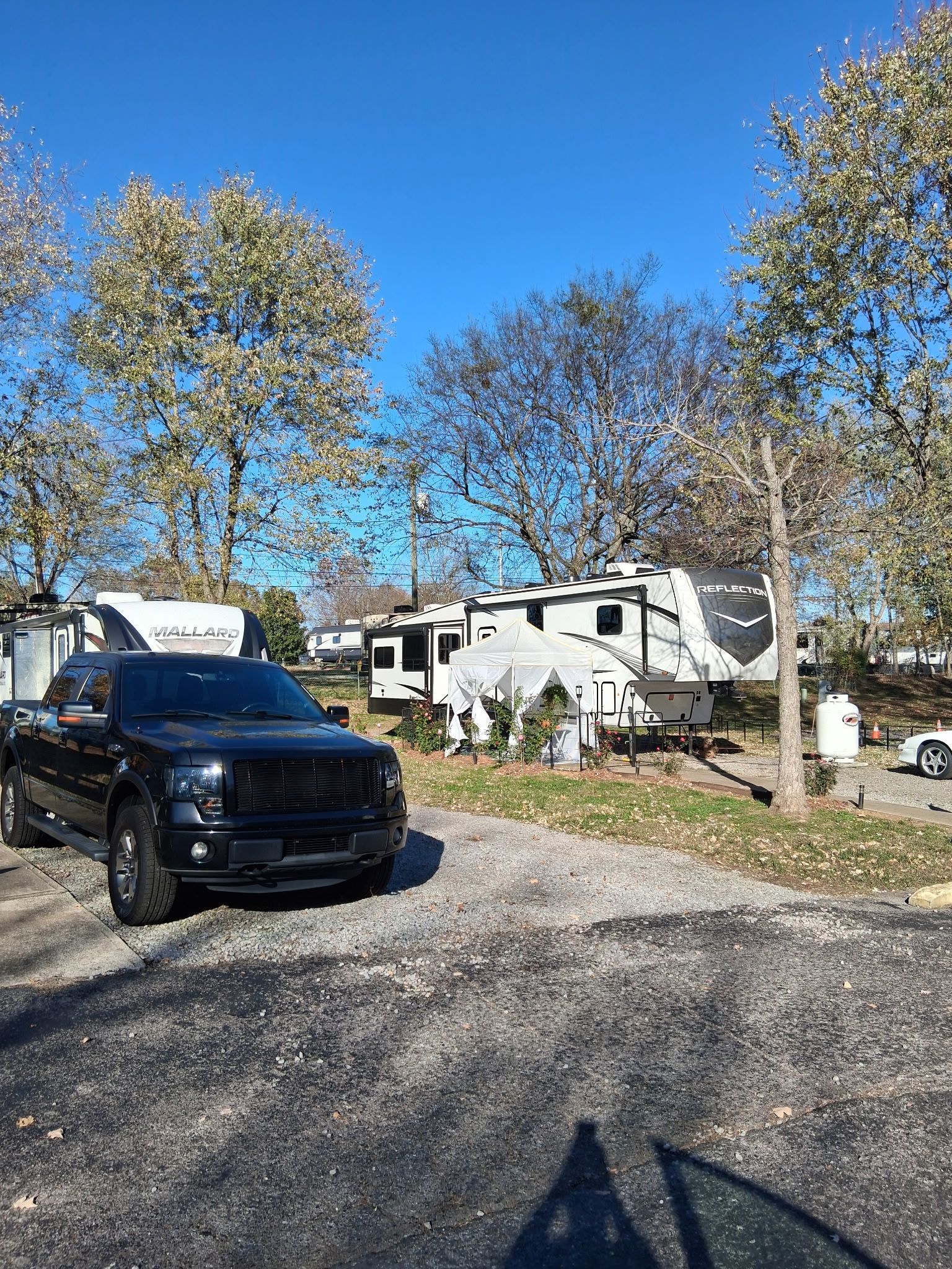 Black pickup truck parked in front of RVs in a campground on a sunny day.