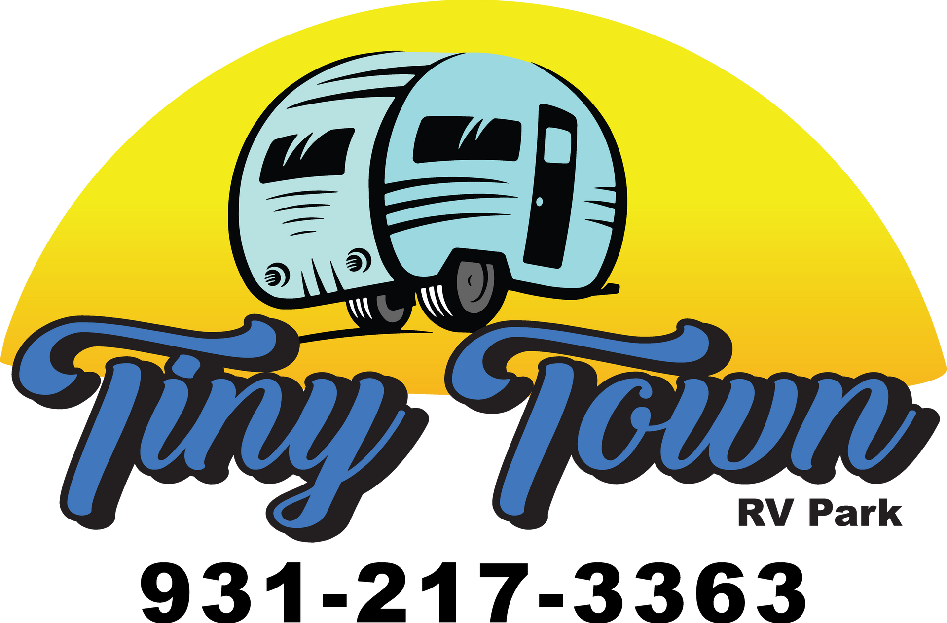 Logo: light blue camper against yellow sun, "Tiny Town RV PARK" in dark blue script.