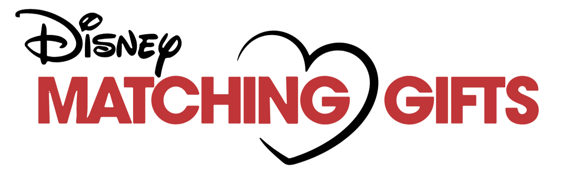 Disney Matching Gifts logo with bold red text and a black heart outline.