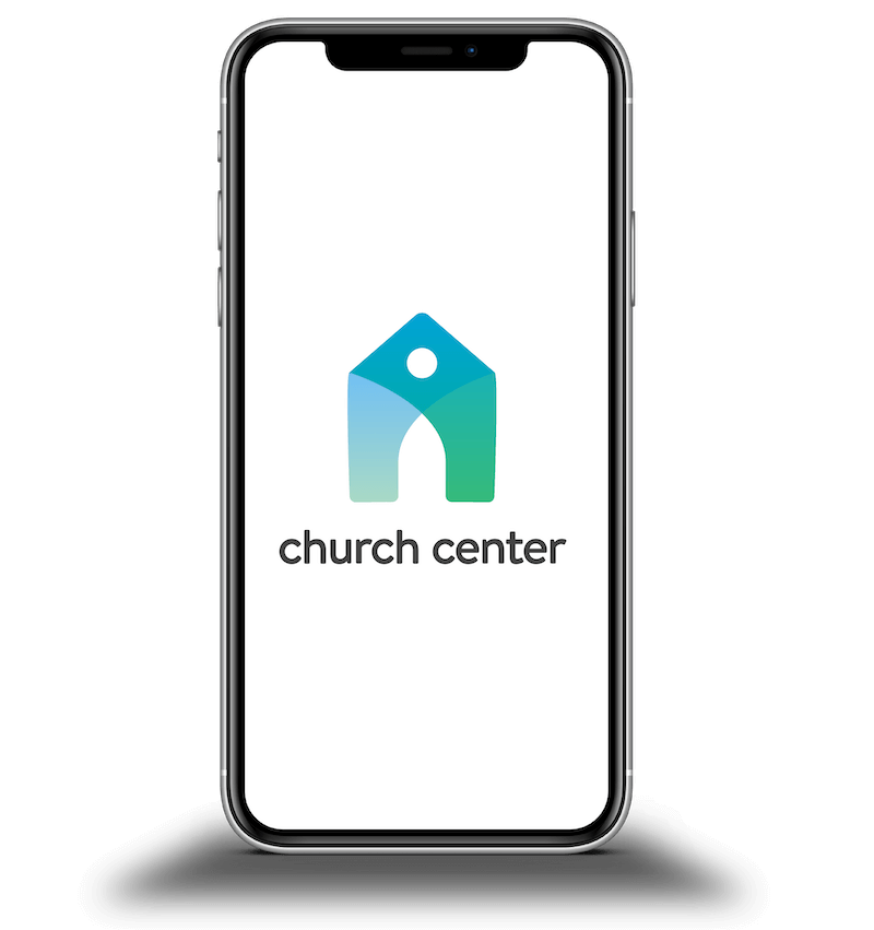 A smartphone screen displaying the teal and blue Church Center app logo and text on a plain white background.