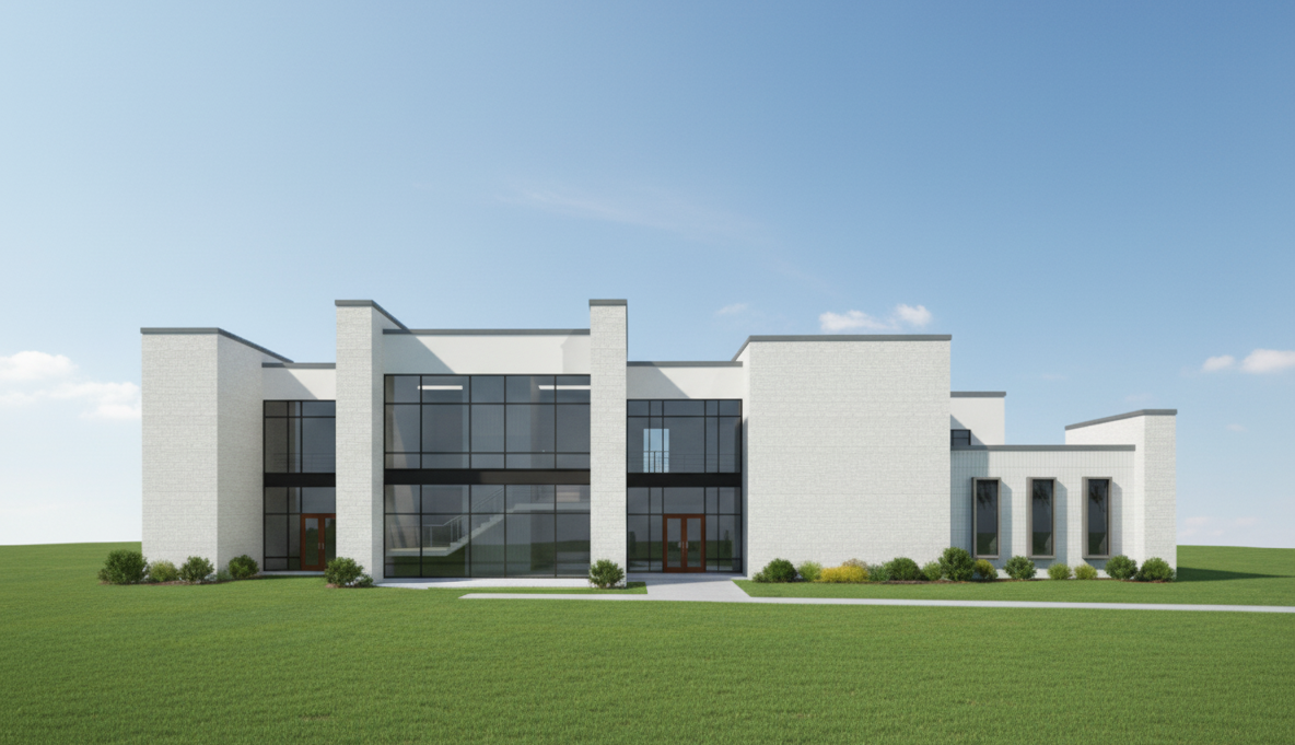 A modern two-story building with white brick walls and large floor-to-ceiling glass windows, set against a green lawn.
