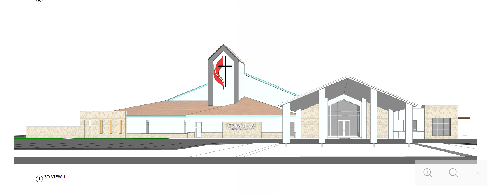 Architectural elevation rendering of a church building with a central steeple featuring a cross and red design elements.