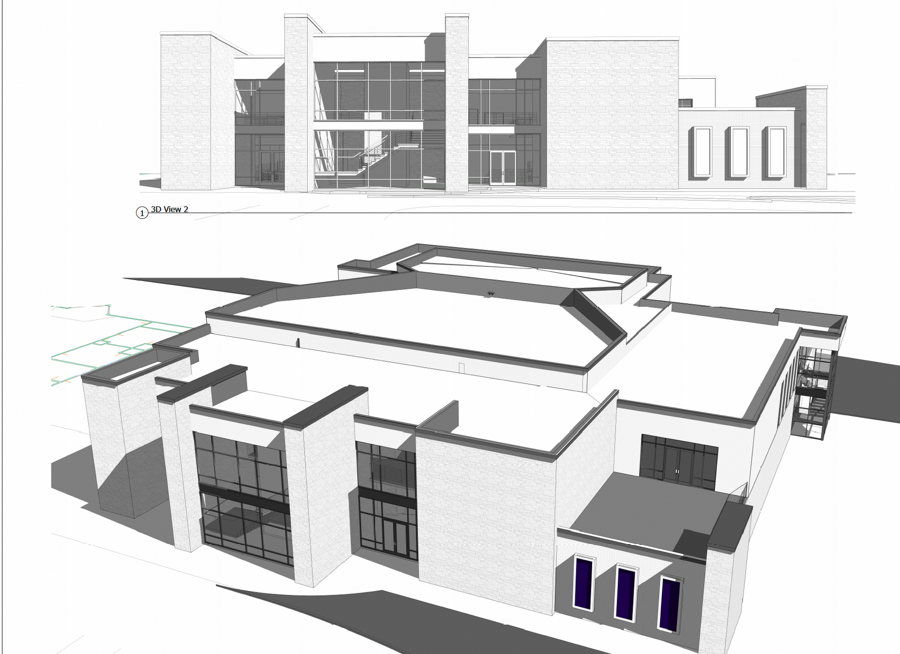 Two 3D architectural renderings showing the front and side view of a modern building with glass windows and flat roofs.