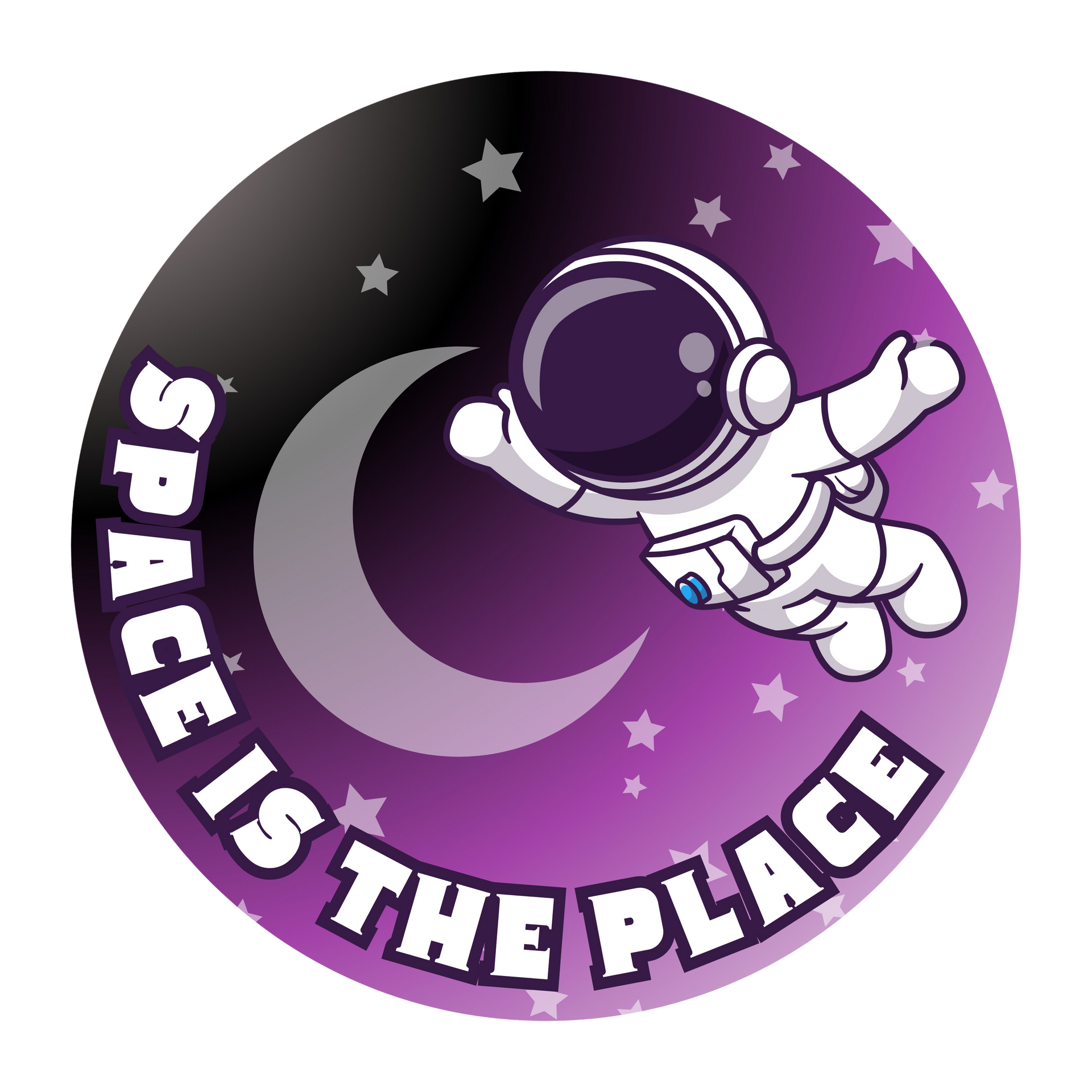 A circular sticker showing an astronaut floating in front of a crescent moon against a purple and black starry sky.