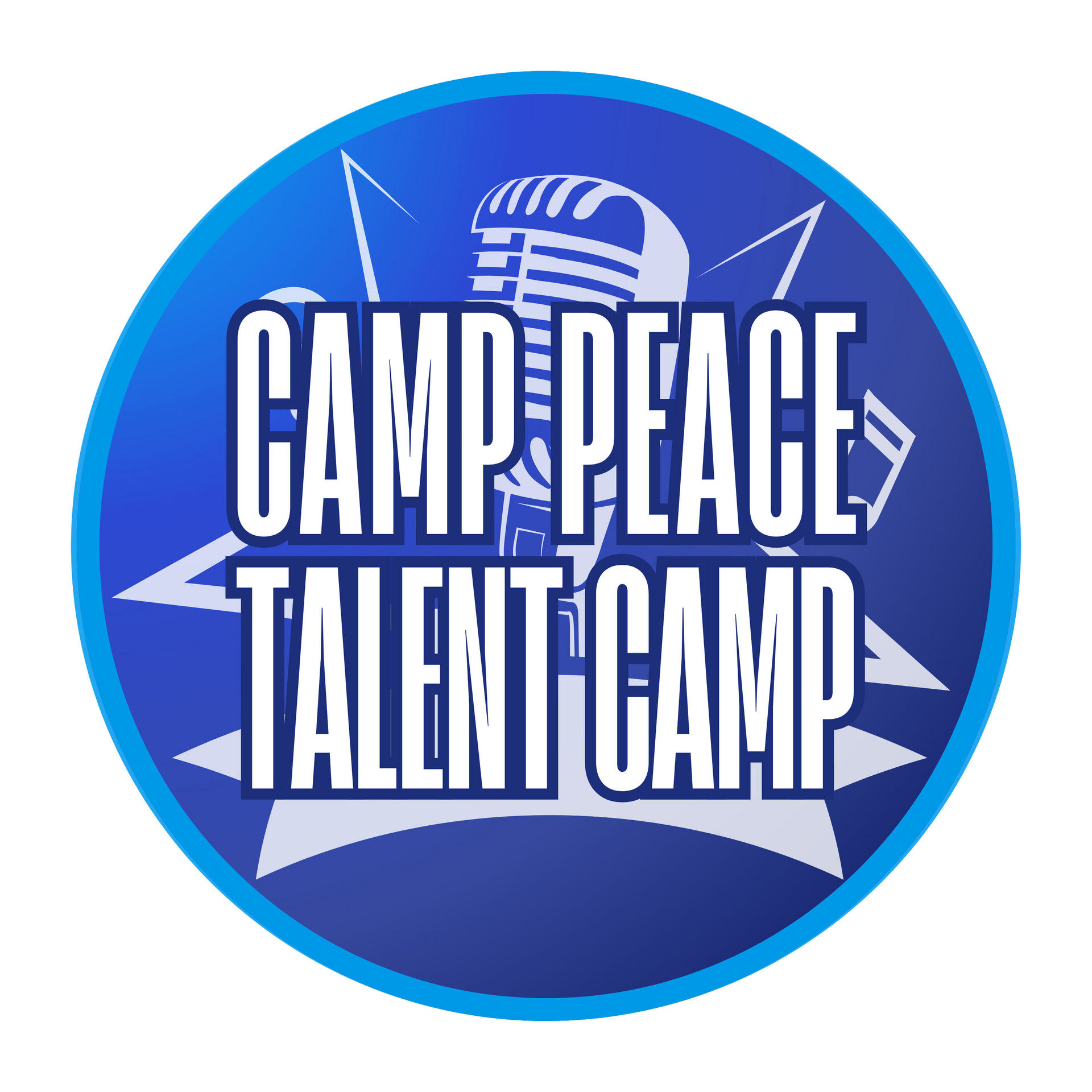 A blue circular logo featuring a white microphone graphic and the text