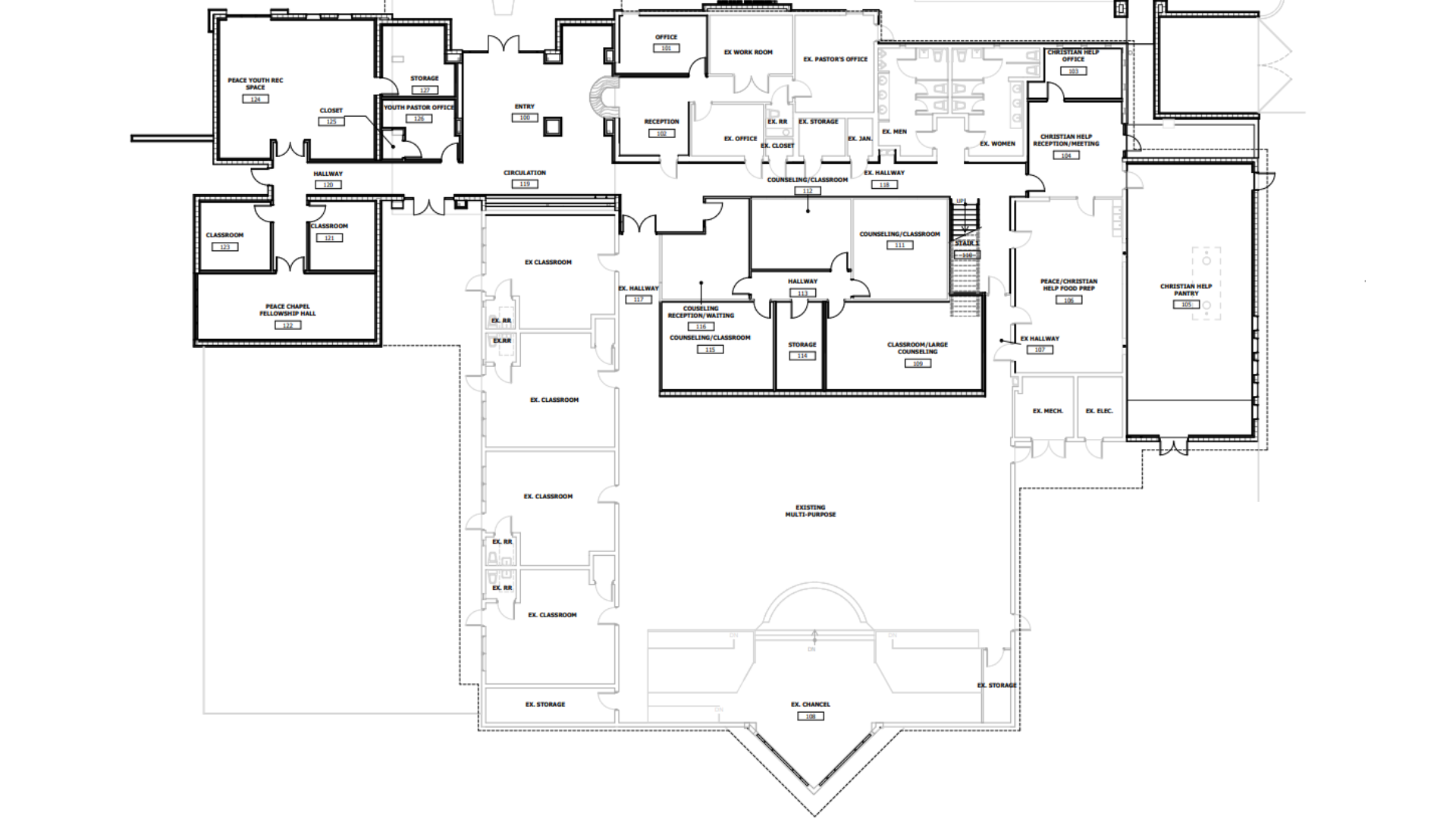 Floor plan for a large building featuring multiple rooms, corridors, a central foyer, and a covered porch.