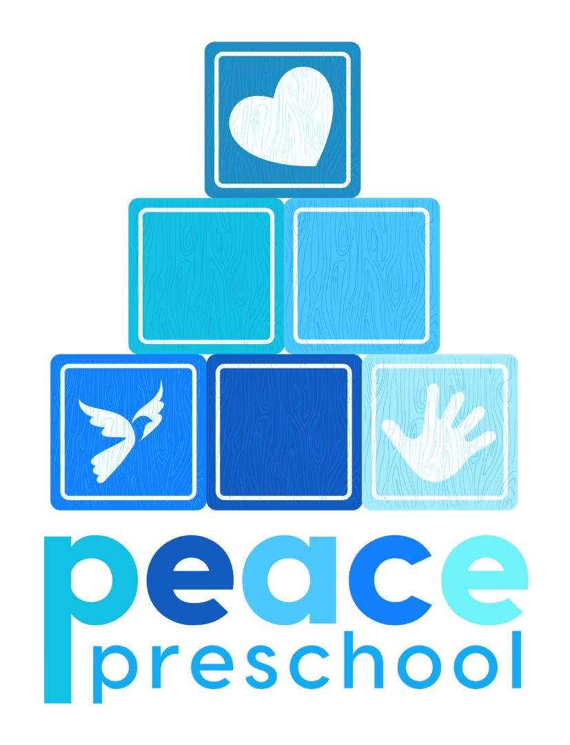 A logo for Peace Preschool featuring a blue block tower with a heart, dove, and handprint, with the text