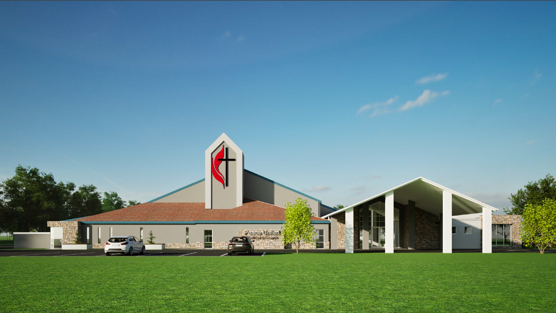 A rendering of a modern church building with a steeple, a red cross emblem, and a large covered entrance on a grassy lawn.