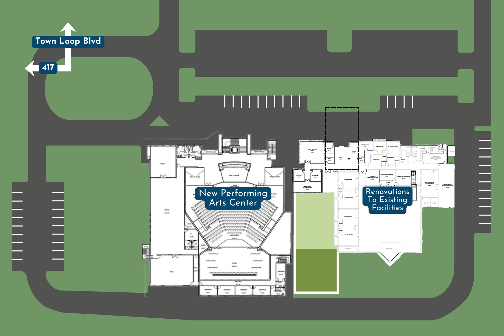 Site map showing the New Performing Arts Center, the Renovation to Existing Facilities, parking lots, and surrounding roads.