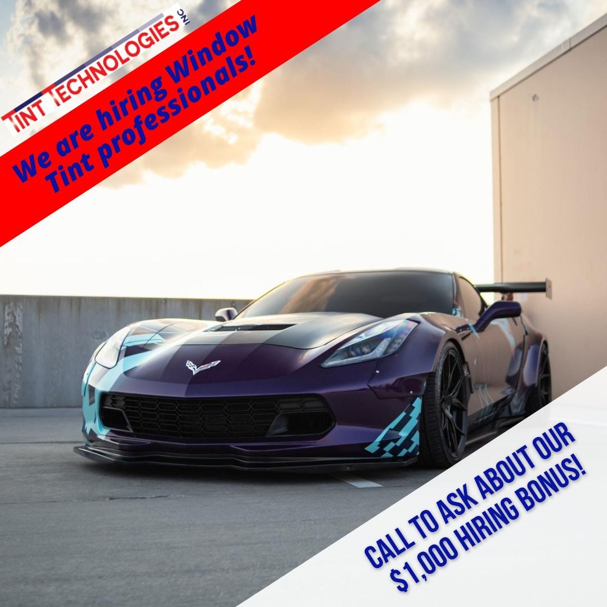 An advertisement for tint technologies shows a purple sports car