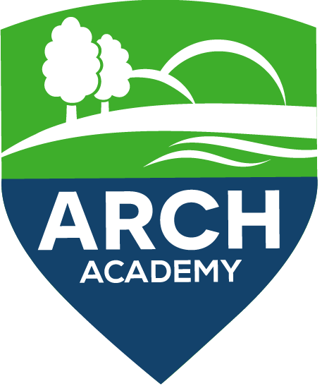 A logo for arch academy with trees and a river