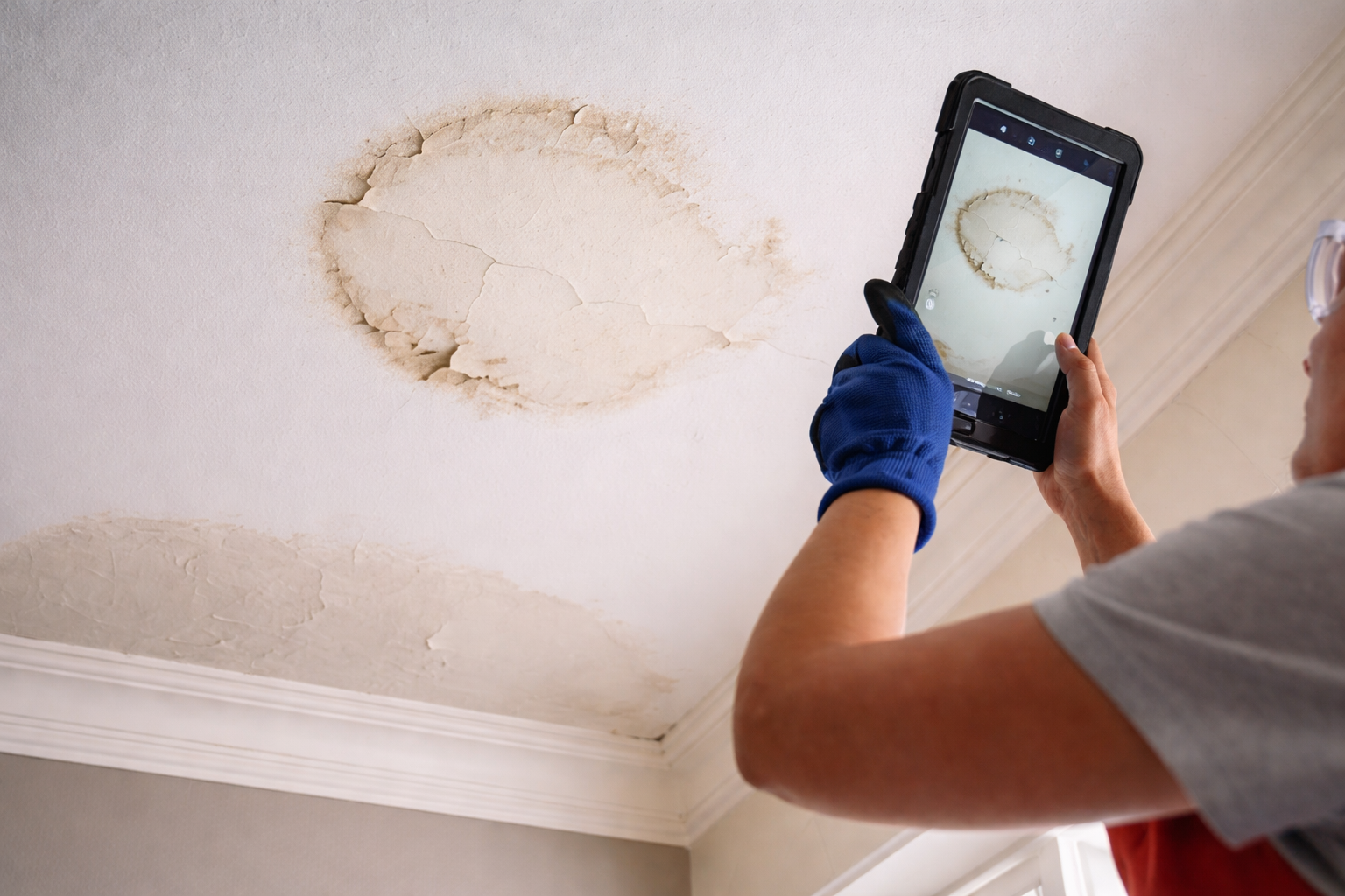 Person in gloves photographing a ceiling water stain with a tablet in a home.