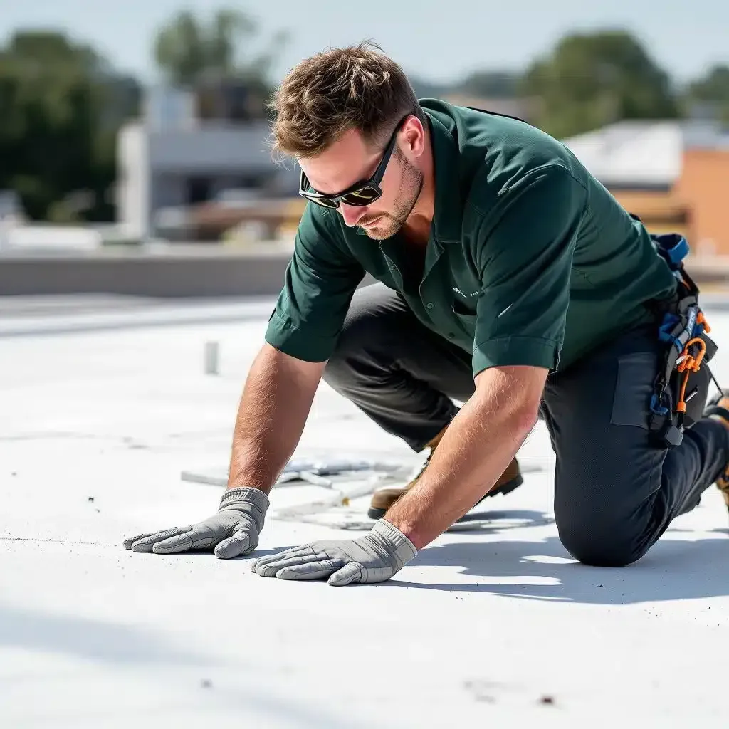 Worker in green shirt kneeling on a rooftop, smoothing a white surface with gloved hands.