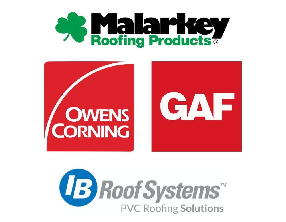Malarkey, Owens Corning, GAF, and IB Roof Systems logos on a white background