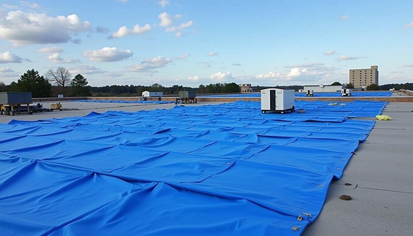 Blue tarps covering a rooftop, with vents and a cloudy sky in the background.