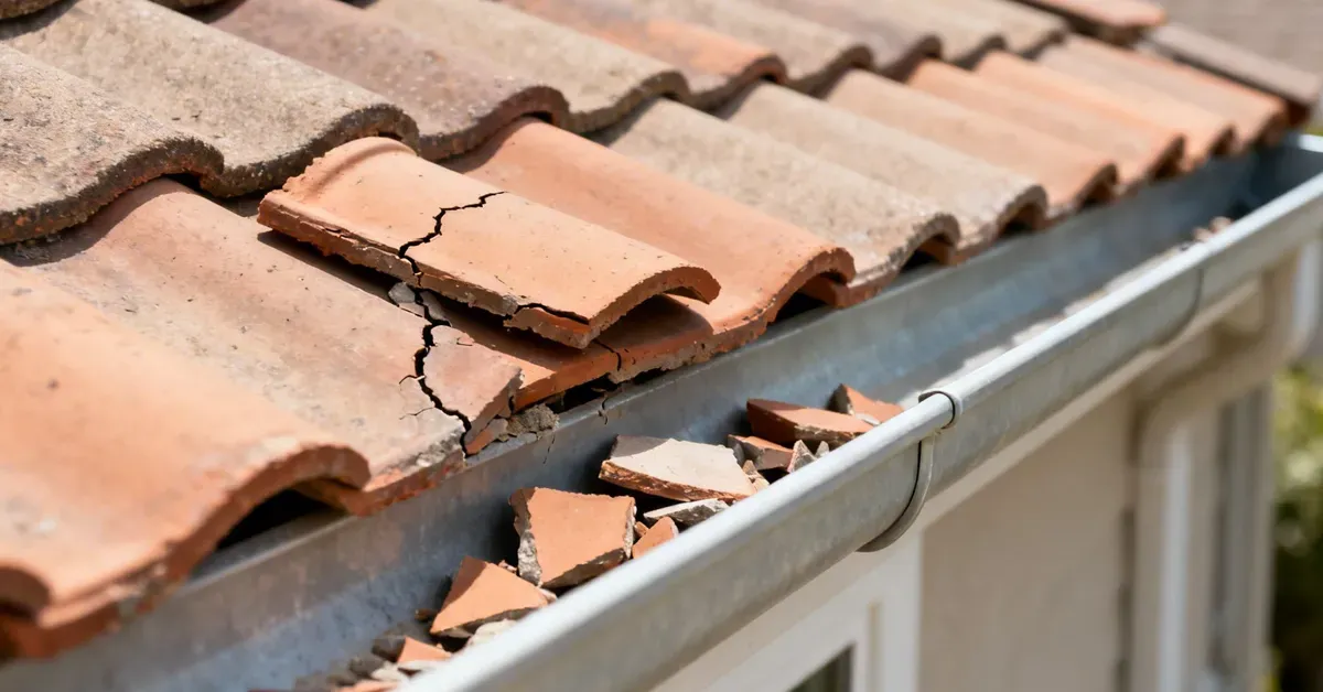 Broken terracotta roof tiles along a house eave, with cracked pieces scattered on the gutter.