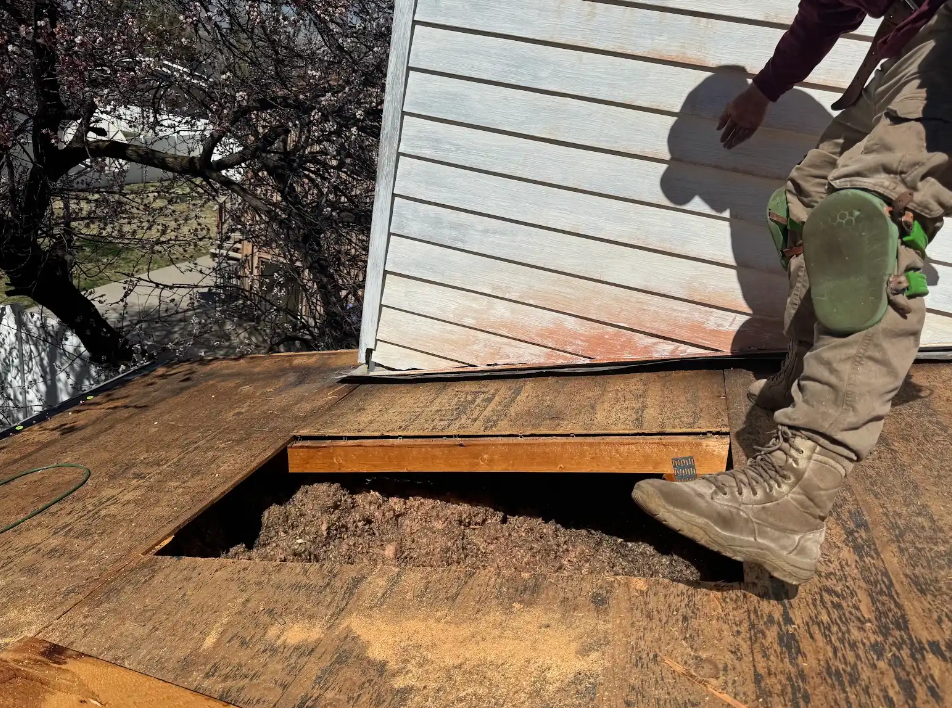 Worker on a roof removing damaged shingles near a large hole in the decking