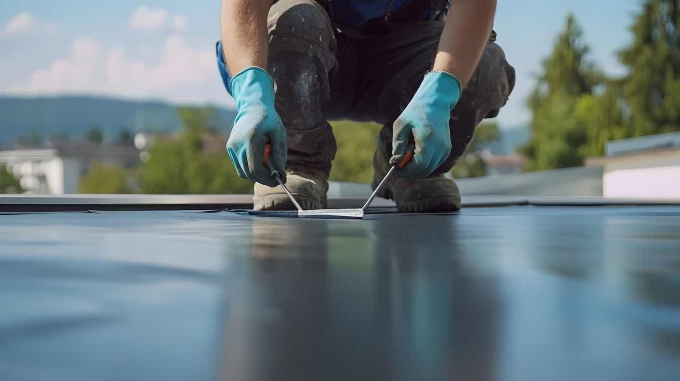 Worker in blue gloves sealing a black roof membrane outdoors with a roller tool.