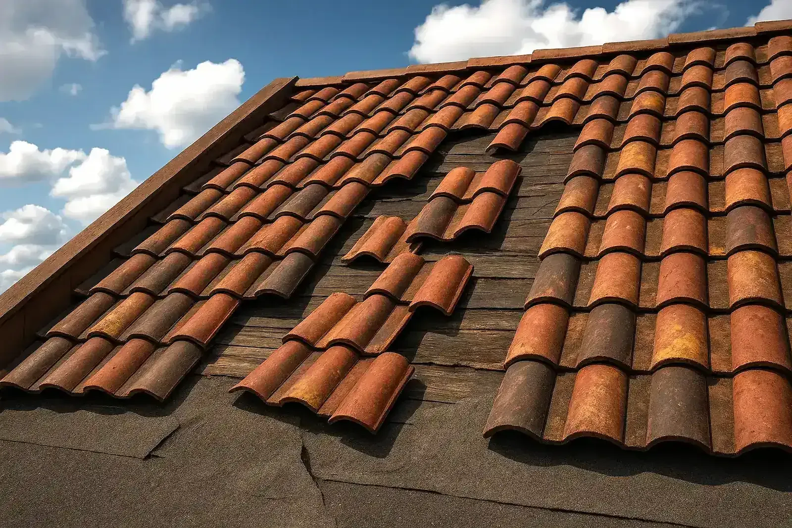 Red clay tile roof with a damaged, misaligned section under a partly cloudy sky