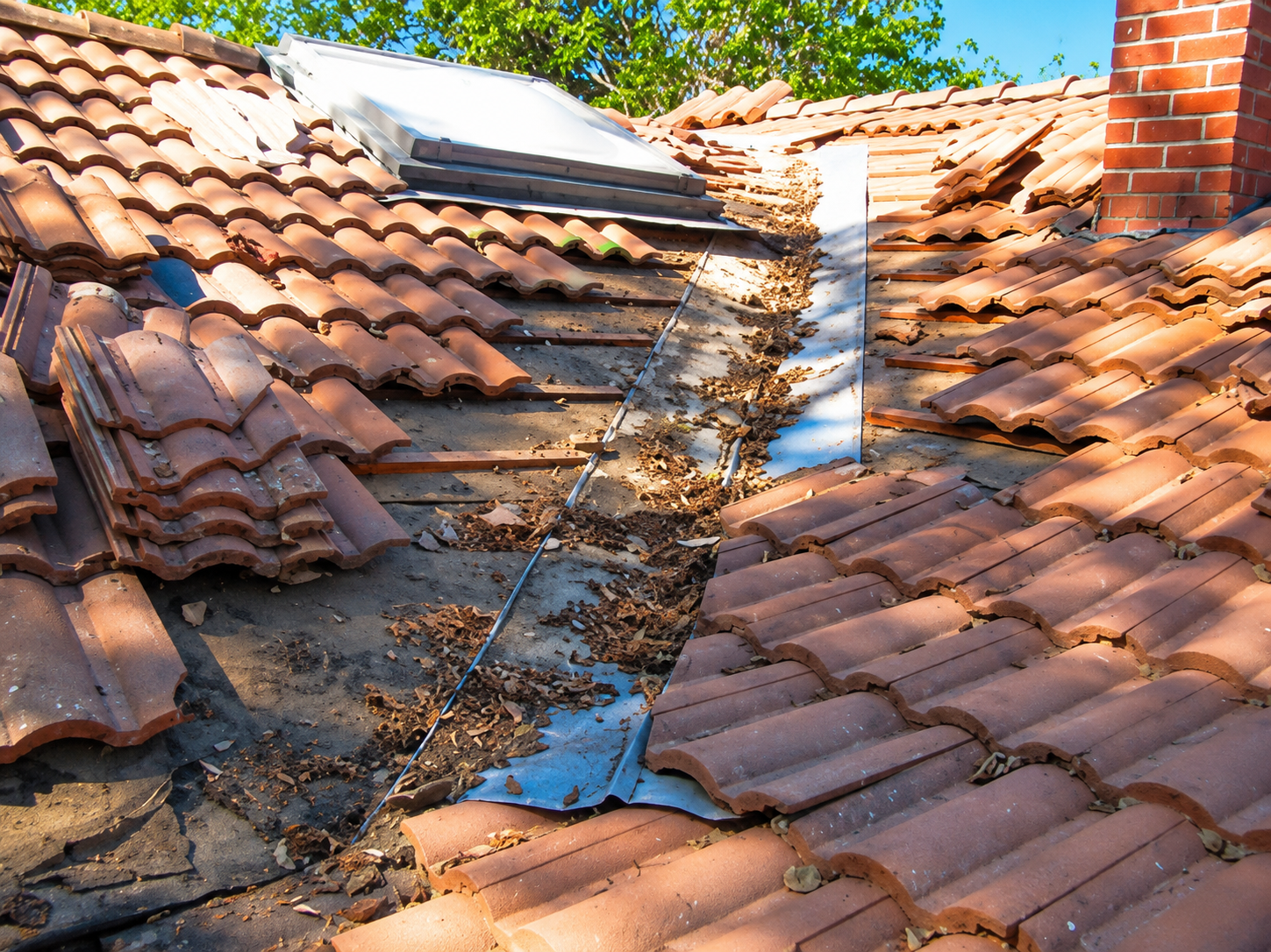 Damaged red-tile roof with a large crack running through the center under a bright sky