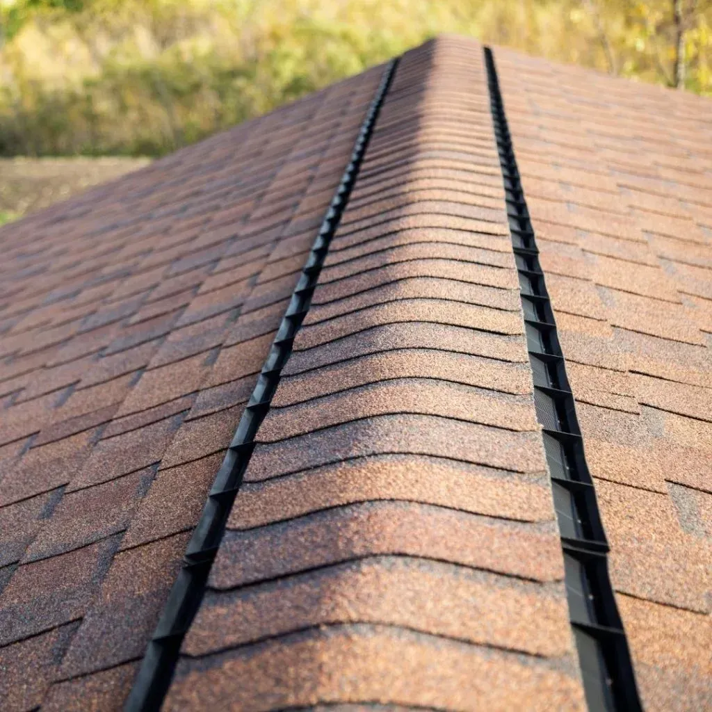Close-up of a brown shingled roof with a central ridge vent under daylight