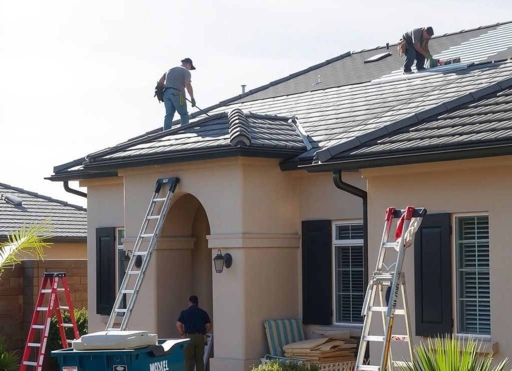 Workers on a house roof replacing dark tiles, with ladders and tools in the front yard.