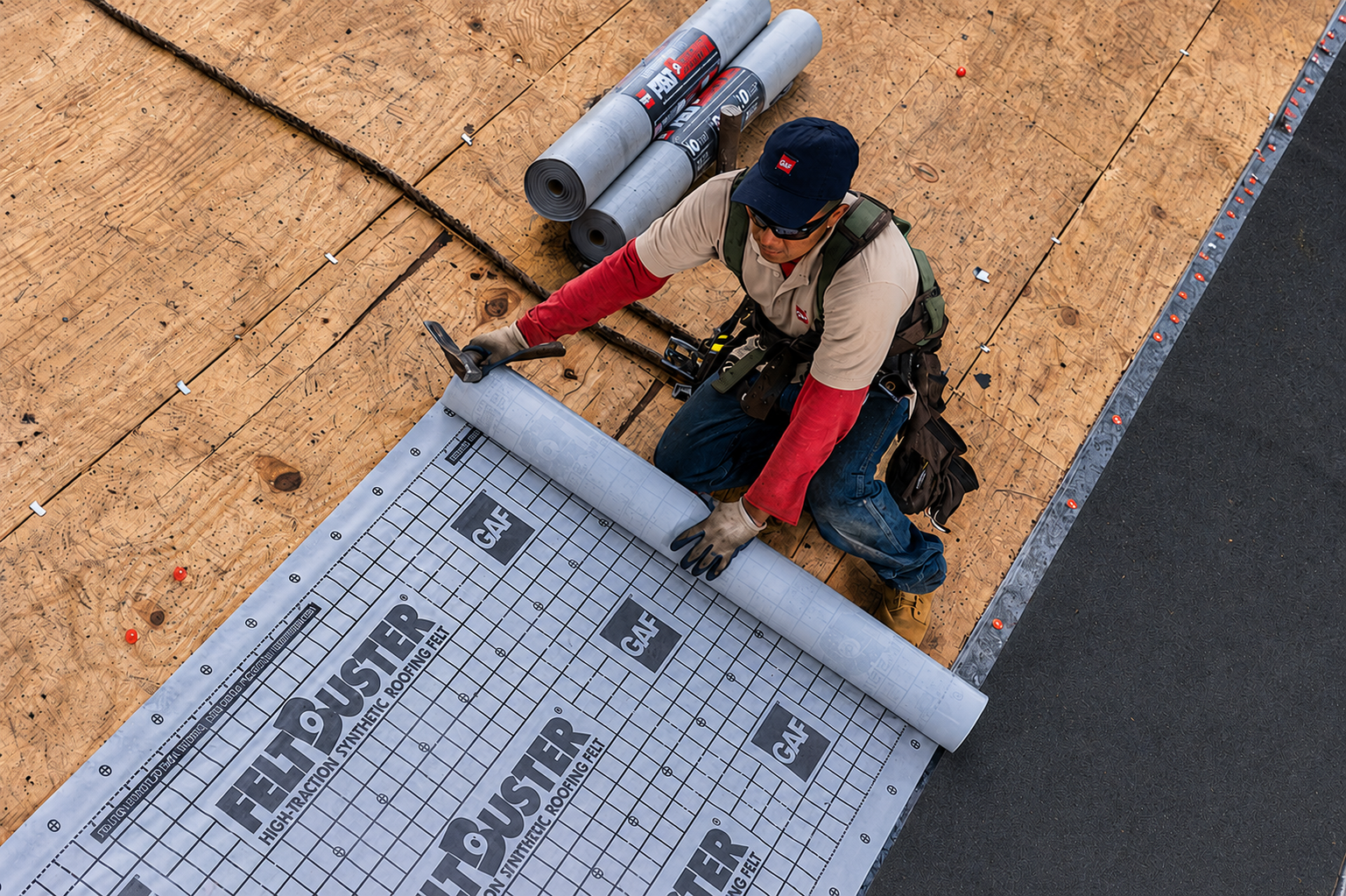 Worker installing roofing underlayment on a sloped roof with rolled material near the edge