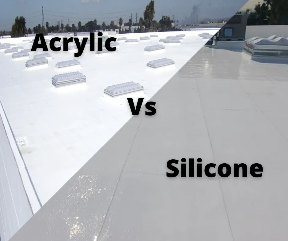 Rooftop comparison graphic labeled “Acrylic vs Silicone” split between white and gray roof surfaces.
