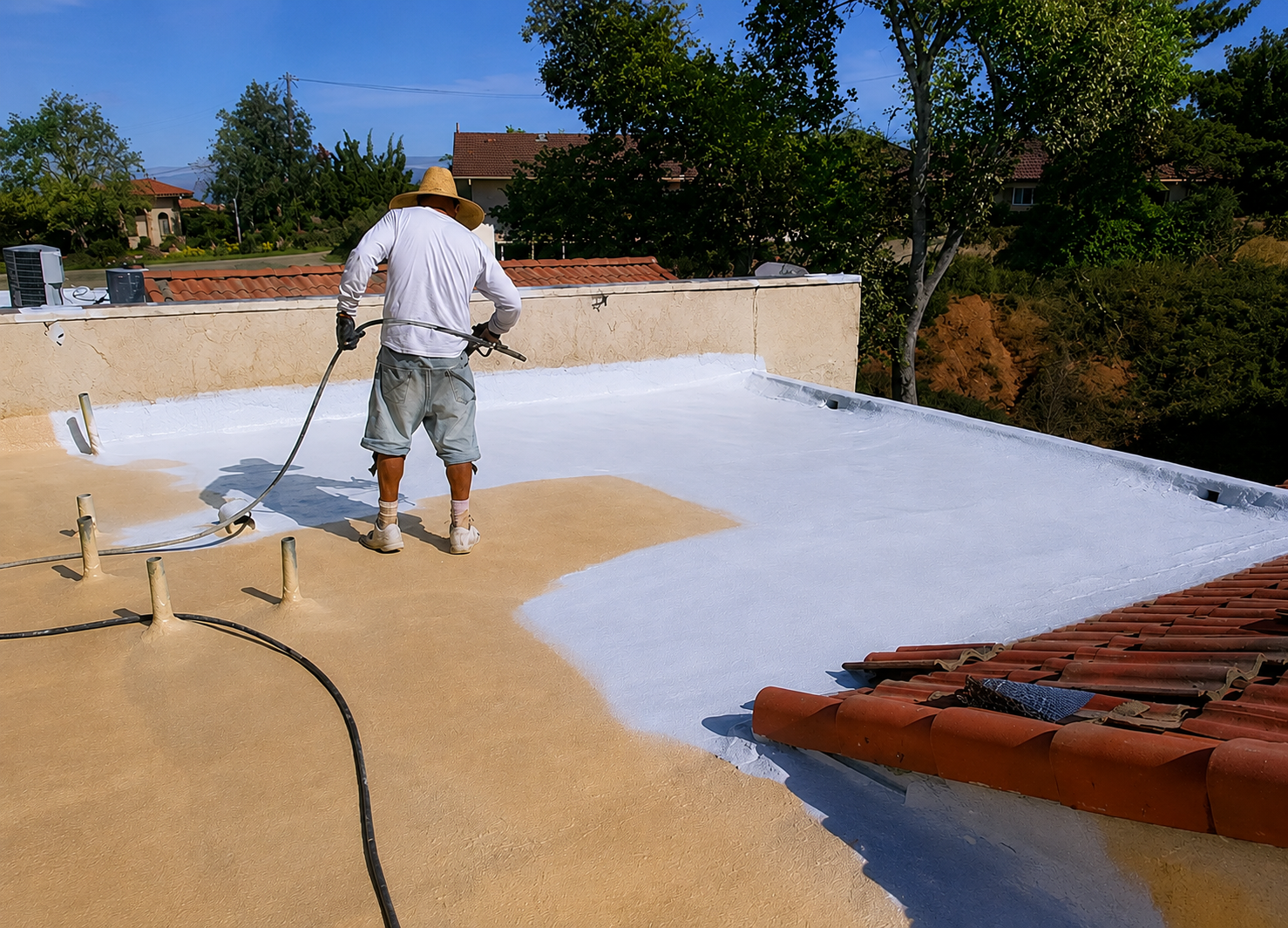 Worker spraying white roof coating on a flat rooftop beside tan unfinished sections and orange tiles