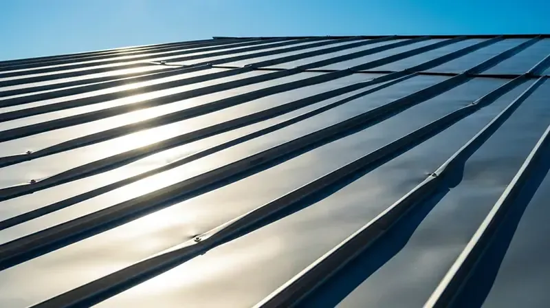Diagonal rows of reflective metal roofing panels with bright sunlight glare