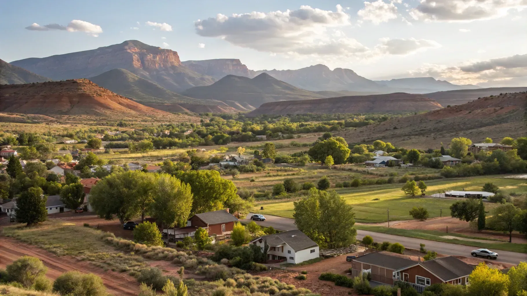 Sunlit rural valley with homes, green fields, and red cliffs under a clear sky