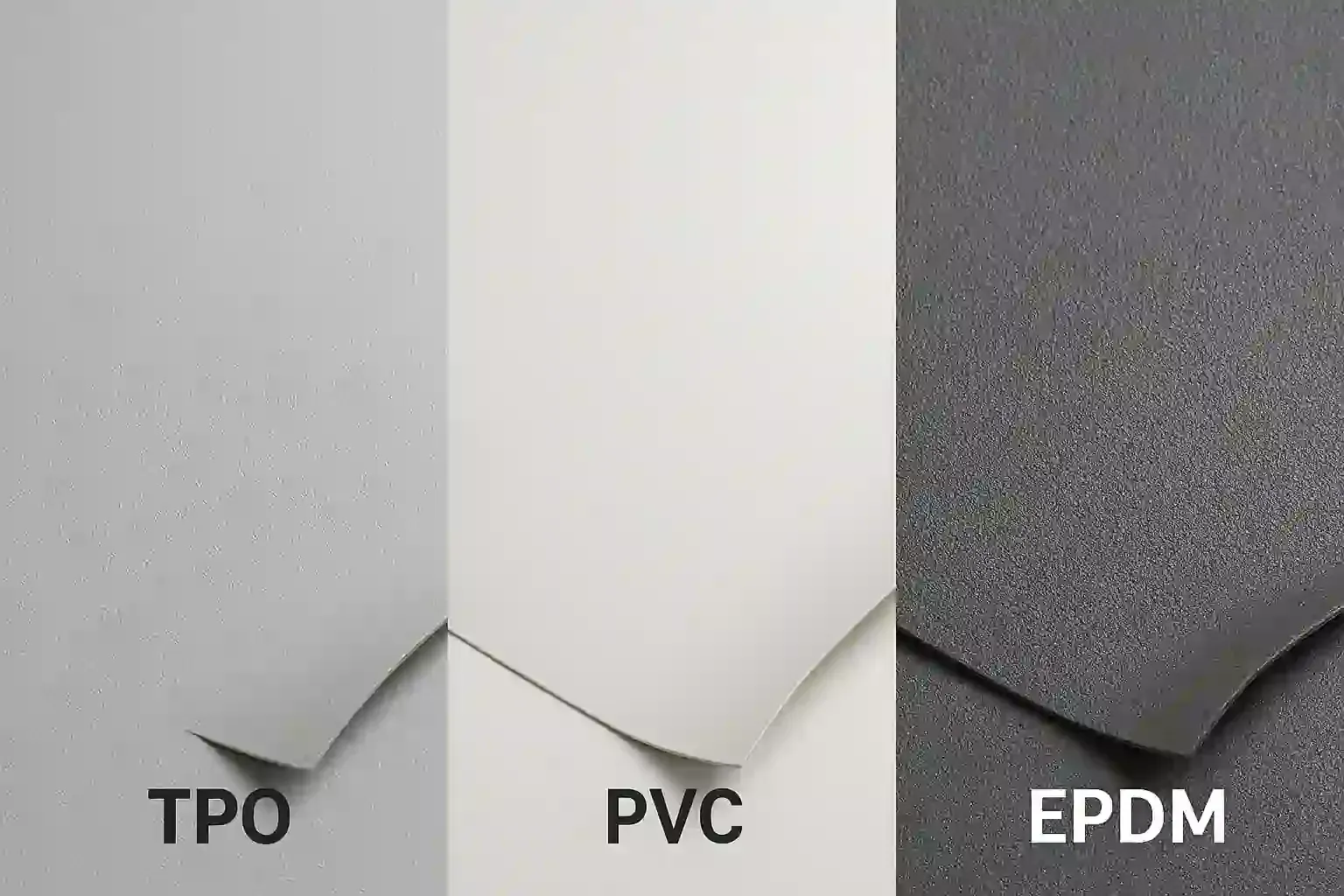 TPO, PVC, and EPDM roofing membrane samples labeled by material type