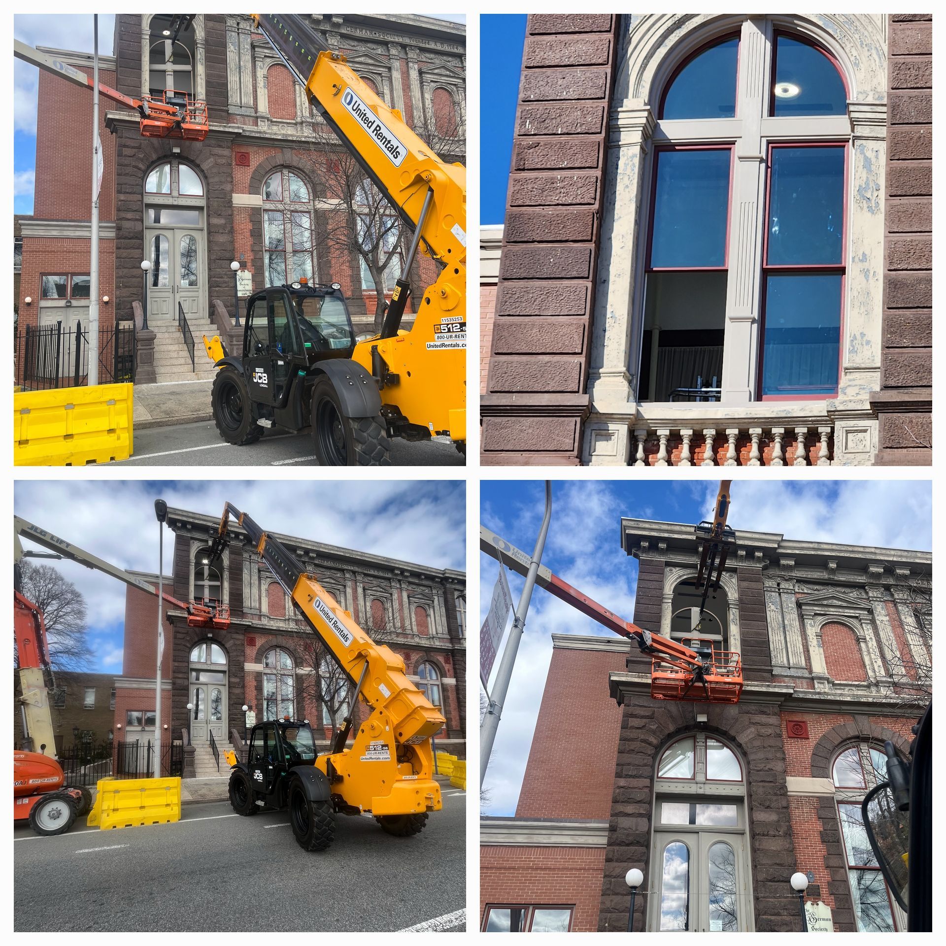 Building repair with orange crane lifting near brick facade and arched windows, shown in four views