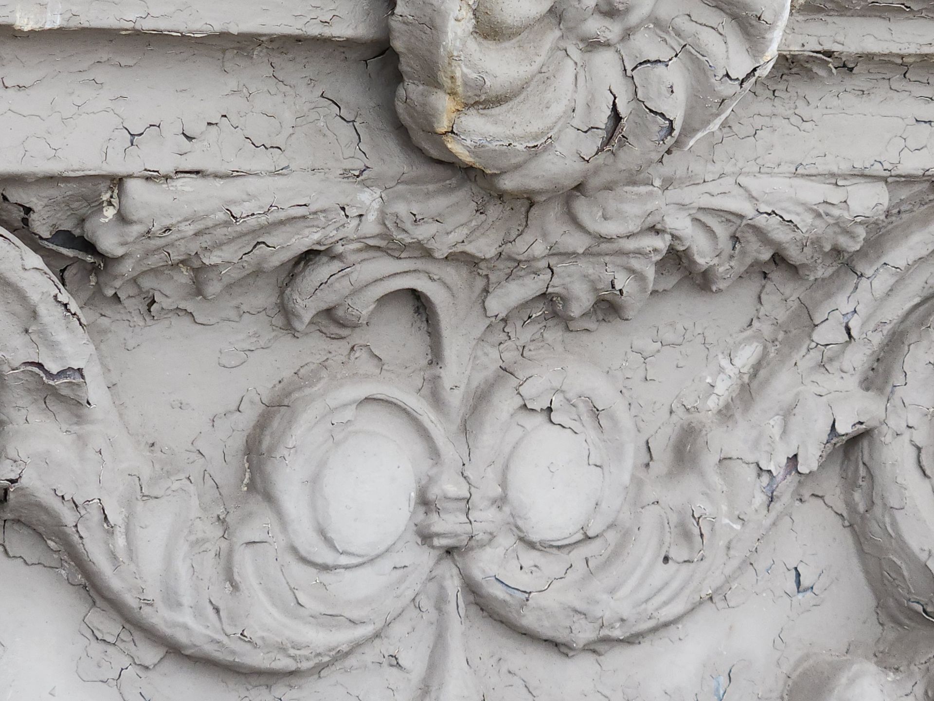 Ornate white plaster floral carving with swirling decorative details on a wall