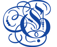 A blue letter s is surrounded by swirls on a white background